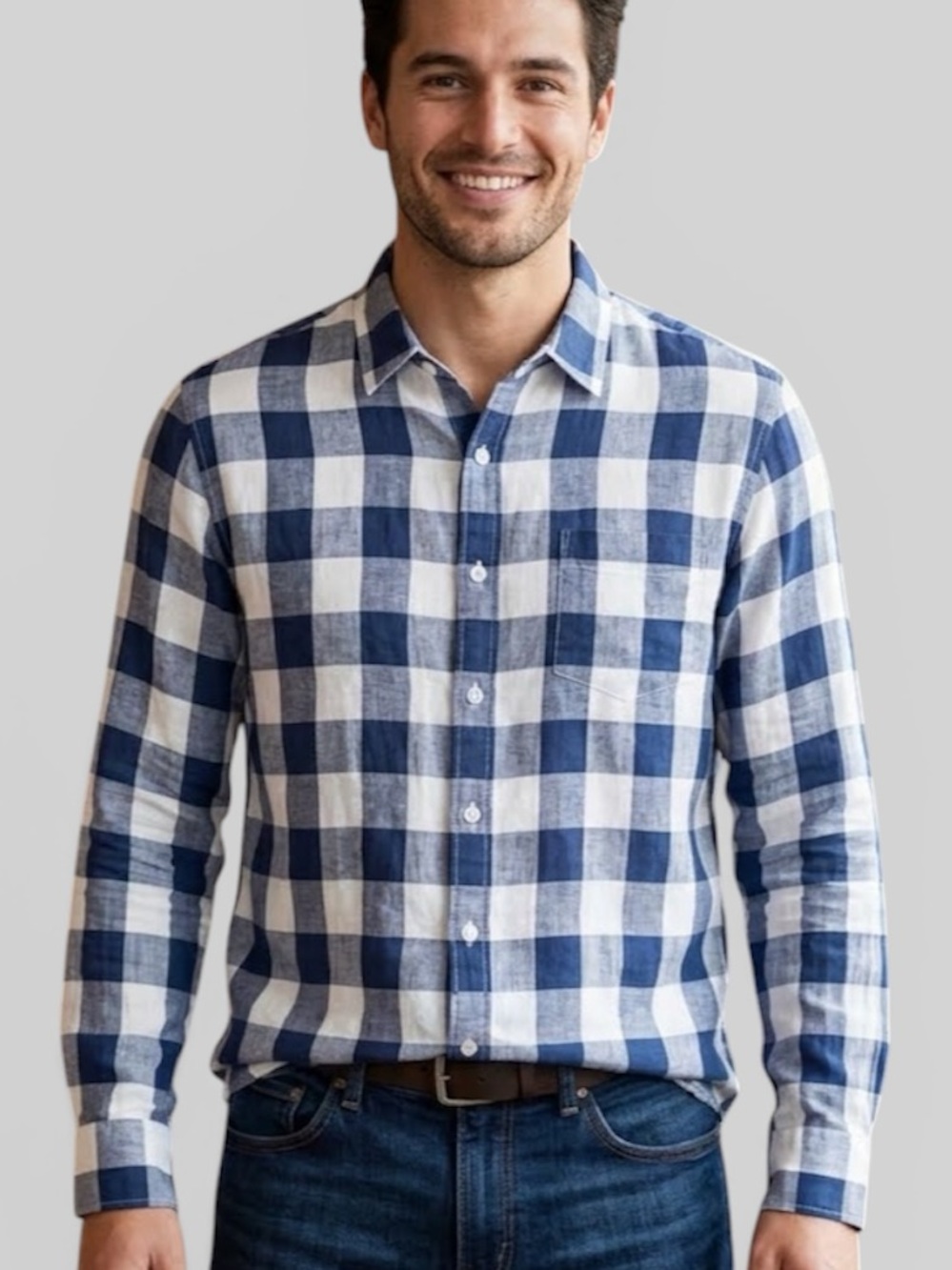 L.L. Bean 100% Linen Blue & White Plaid Long Sleeve Button Down Shirt Size XL